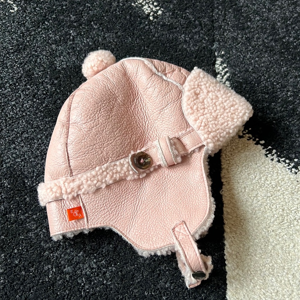 Elks and Angels light pink shearling trapper hat size 24-36 months Lg adorable!